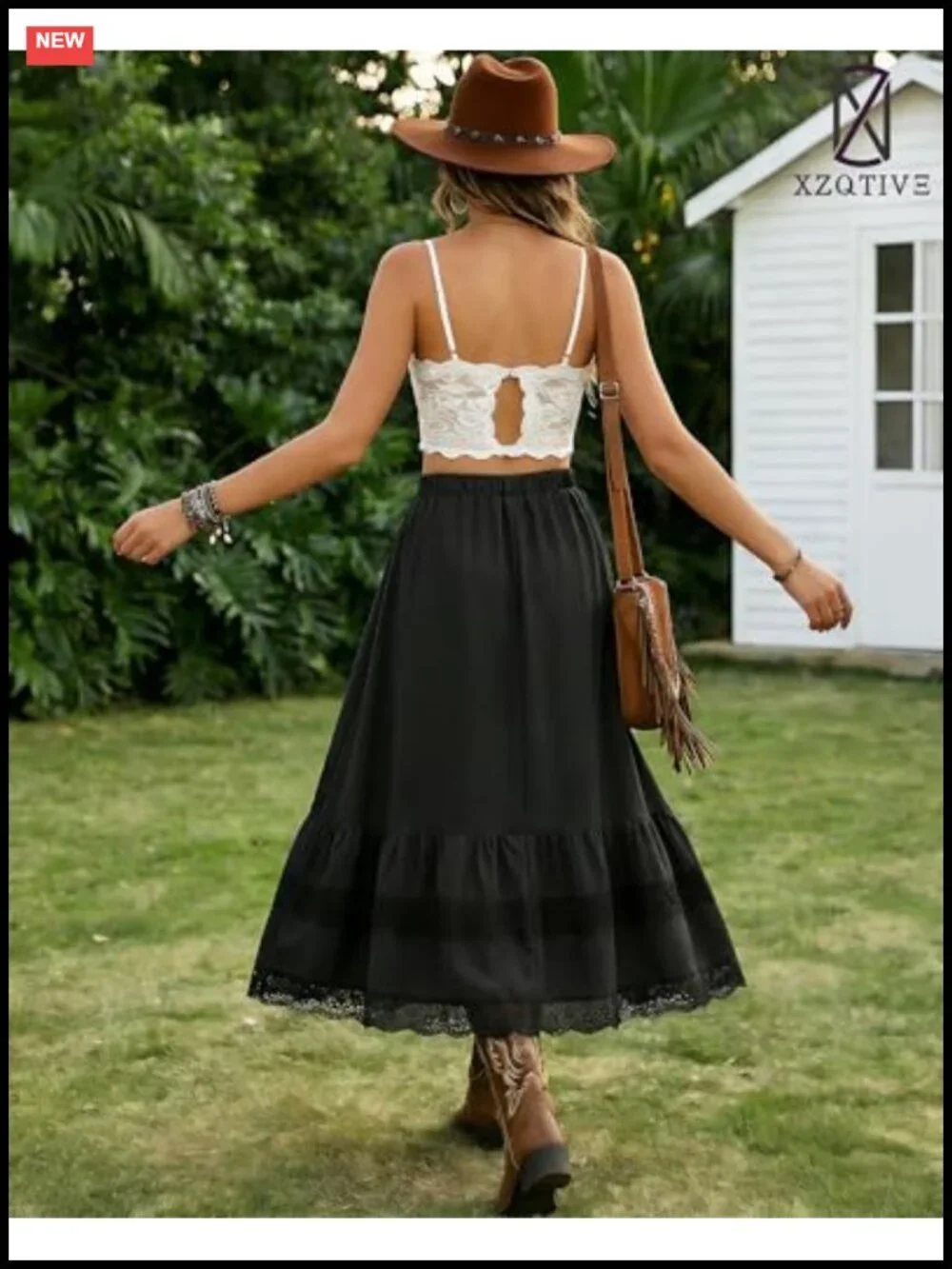 Womens Western Boho High Waist Lace Trim Skirt Asymmetrical Tiered Cowgirl Midi